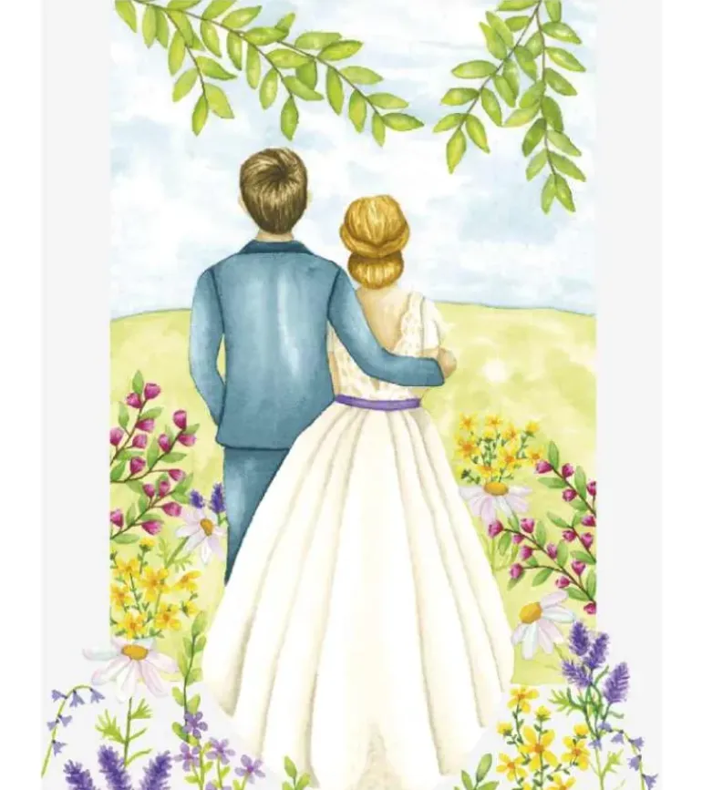 Bryllupskort – Brudepar med blomster, A6 Dobbeltkort