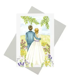 Bryllupskort – Brudepar med blomster, A6 Dobbeltkort