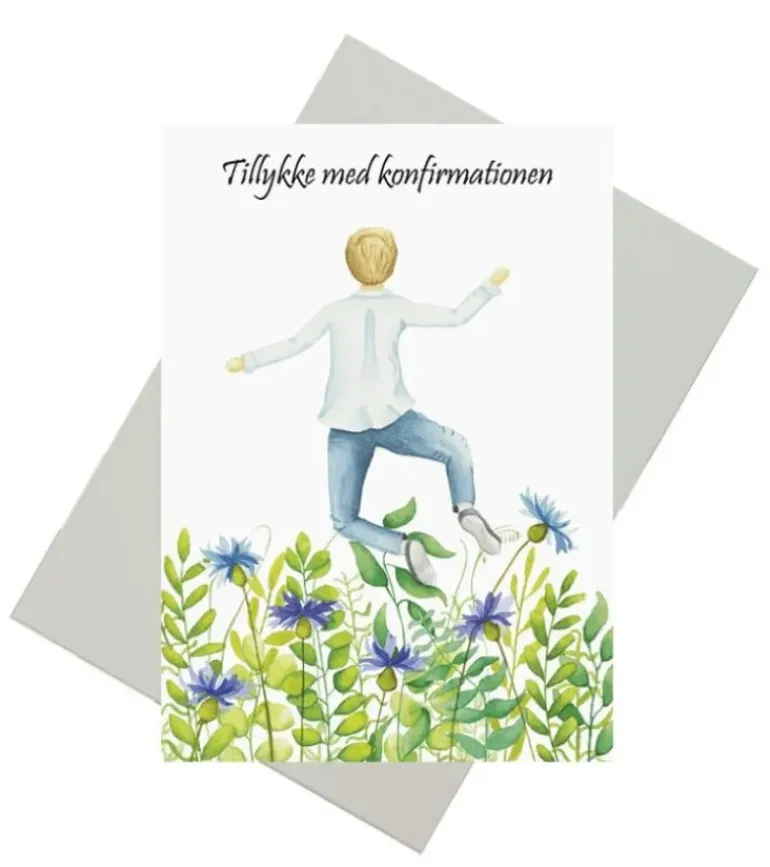 Dobbeltkort, Konfirmationskort m dreng i blomstermark, A6