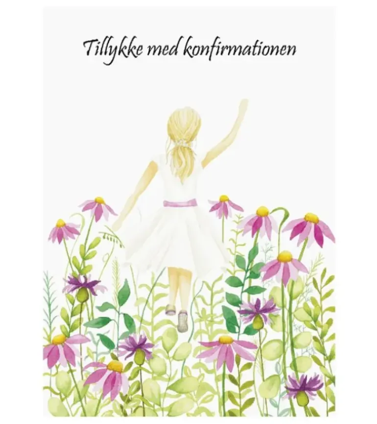 Dobbeltkort, Konfirmationskort m pige i blomstermark, A6