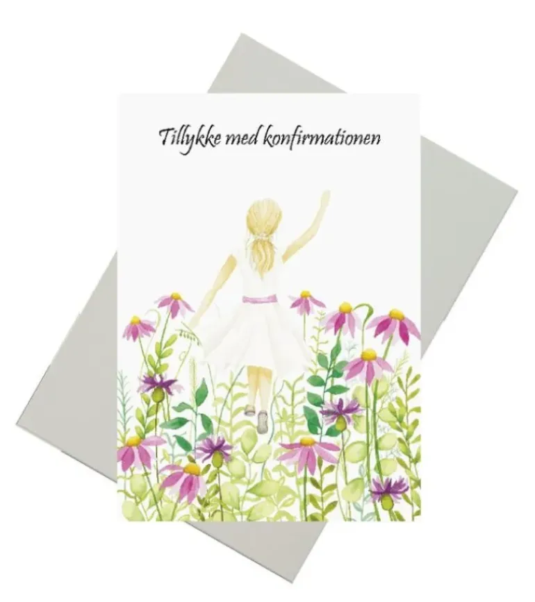 Dobbeltkort, Konfirmationskort m pige i blomstermark, A6
