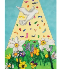 Dobbeltkort m. kuvert, Pinsedue med forårsblomster