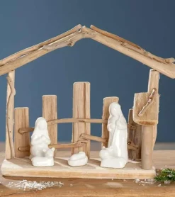 Julekrybbe i drivtømmer og porcelæn, bred