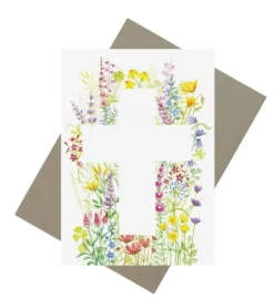 Kort m. kors og blomster m. kuvert, A6 Dobbeltkort