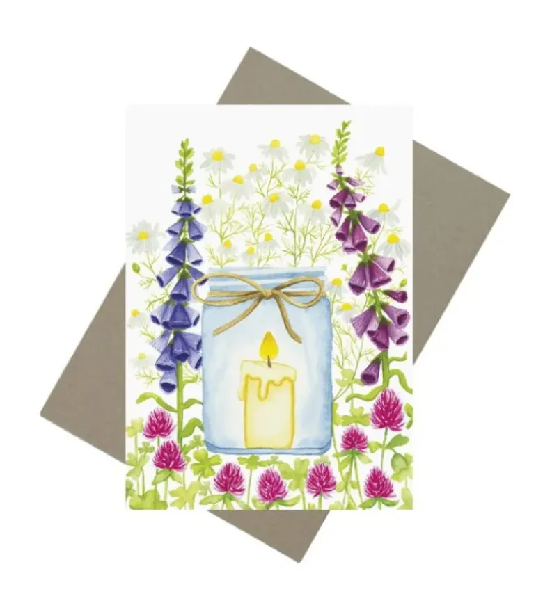Kort m. lys og blomster m. kuvert, A6 Dobbeltkort