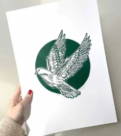 Linoleumstryk, Håbefugl, Grøn, A3 Plakat