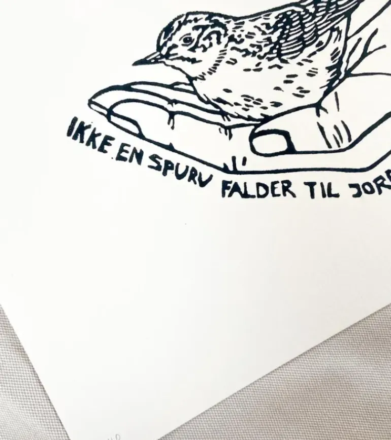 Linoleumstryk: Ikke en spurv, A4 Plakat, Sort