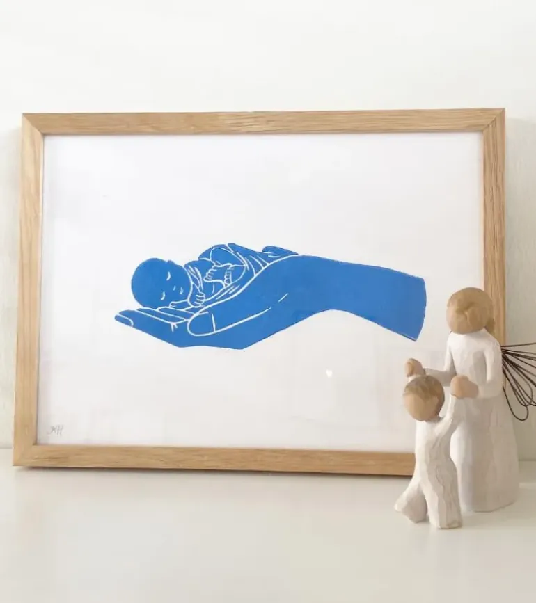 Linoleumstryk: Lille Guds barn, A4 Plakat, Blå