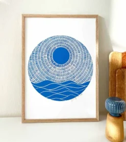 Linoleumstryk, Se nu stiger solen, Blå, A3 Plakat