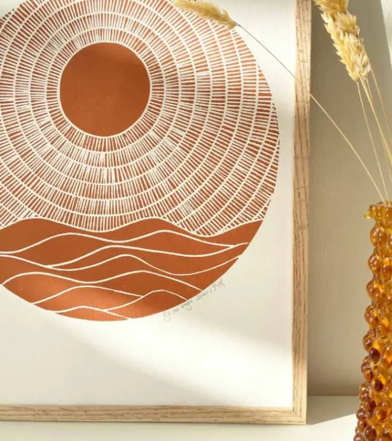 Linoleumstryk, Se nu stiger solen, Okker, A3 Plakat
