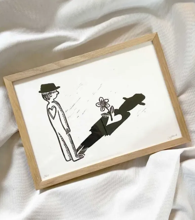 Linoleumstryk: Sorgblomst, A4 Plakat, Sort