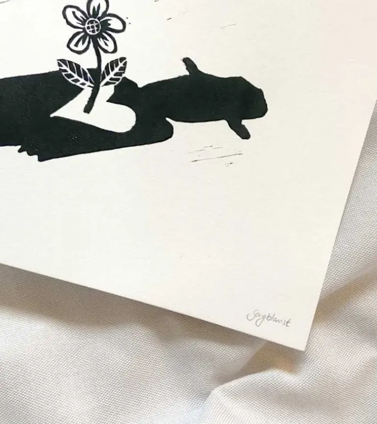 Linoleumstryk: Sorgblomst, A4 Plakat, Sort
