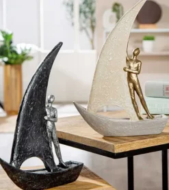 Skulptur, Båd med menneske, Mørk, 29 cm